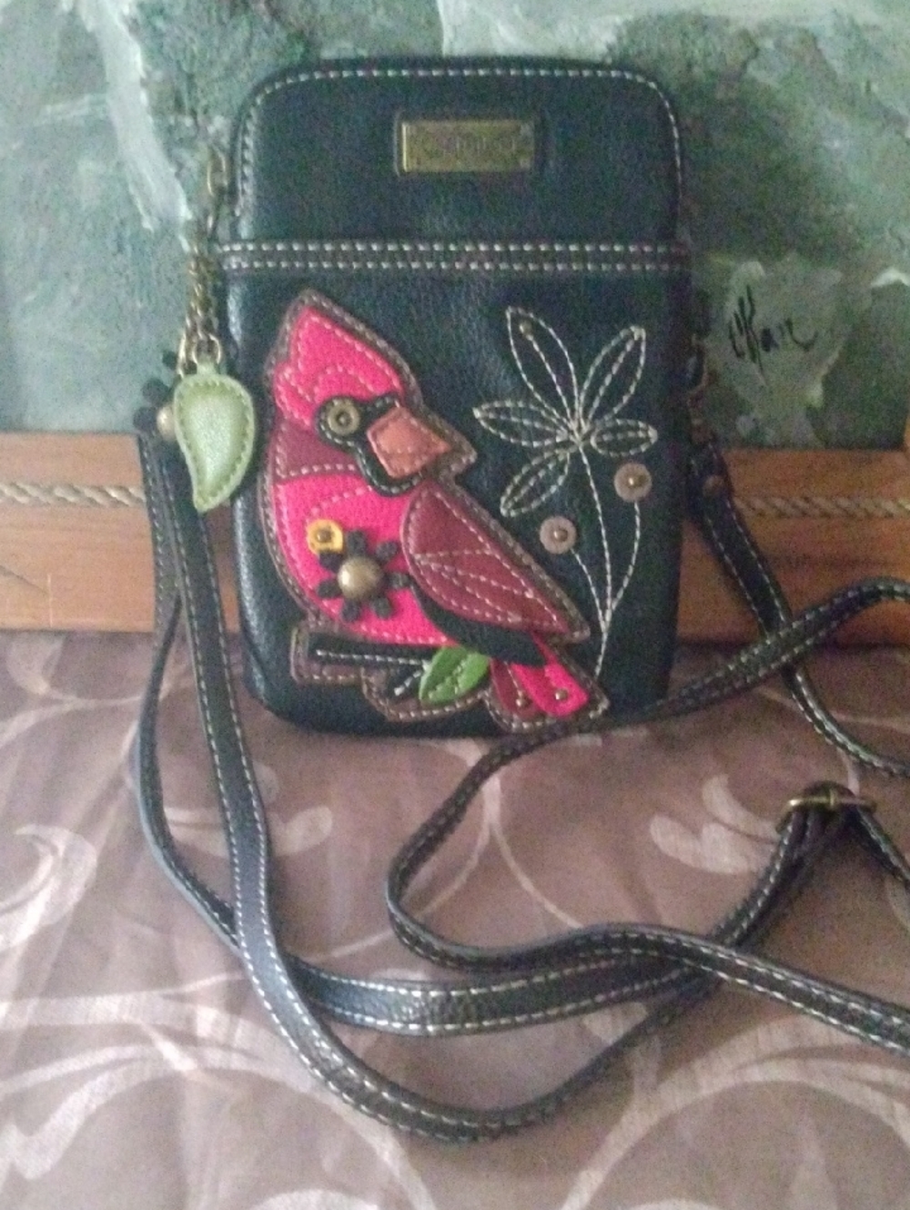 Chala Black Crossbody Bag with Pink and Brown Cardinal Applique